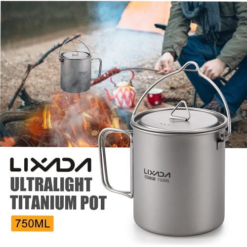  Lixada Camping Titanium Cookware Set,Partable Foldable Handles and with Lid Design with Pot,Water Cup,Spork and Windscreen for Outdoor Camping Hiking Backpacking(Optional)