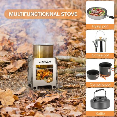  Lixada Camping Stove Stainless Steel Folding Wood Stove+Alcohol Burner Pocket Stove for Outdoor Camping Cooking Picnic