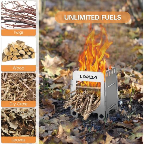  Lixada Camping Stove Stainless Steel Folding Wood Stove+Alcohol Burner Pocket Stove for Outdoor Camping Cooking Picnic