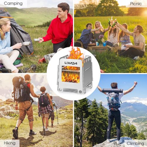  Lixada Camping Stove Stainless Steel Folding Wood Stove+Alcohol Burner Pocket Stove for Outdoor Camping Cooking Picnic