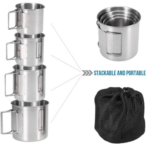  Lixada Pack of 4 Stainless Steel Cups Set Stackable Drinking Water Cups Mugs with Foldable Handles for Home Outdoor Camping Backpacking