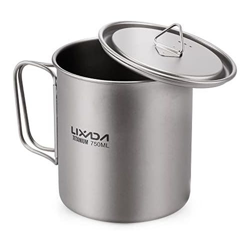  Lixada Camping Cookware Set - Ultralight Titanium Cup Mug - Camping Fry Pan Foldable Handle with Lid and Stuff Sack Titanium Pot