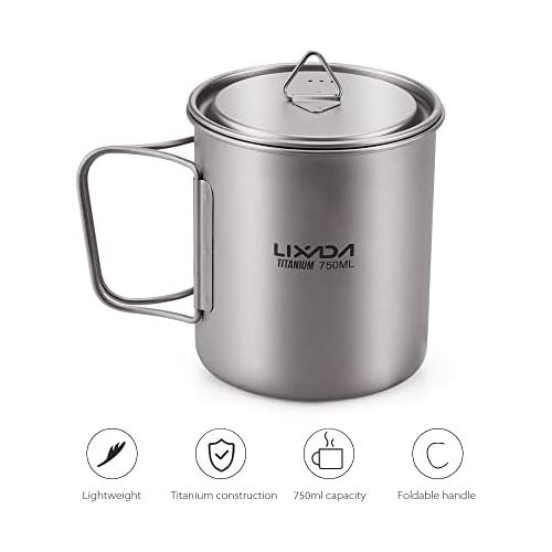  Lixada Camping Cookware Set - Ultralight Titanium Cup Mug - Camping Fry Pan Foldable Handle with Lid and Stuff Sack Titanium Pot