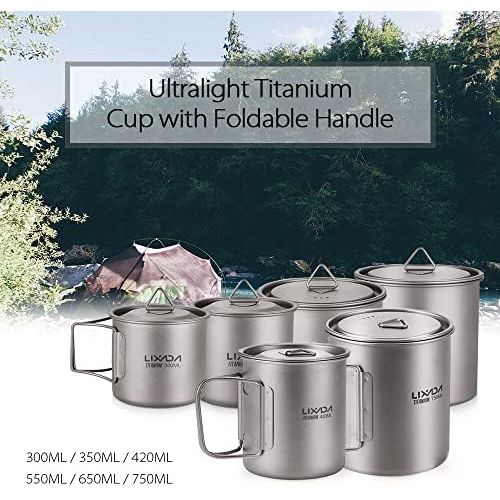  Lixada Camping Cookware Set - Ultralight Titanium Cup Mug - Camping Fry Pan Foldable Handle with Lid and Stuff Sack Titanium Pot