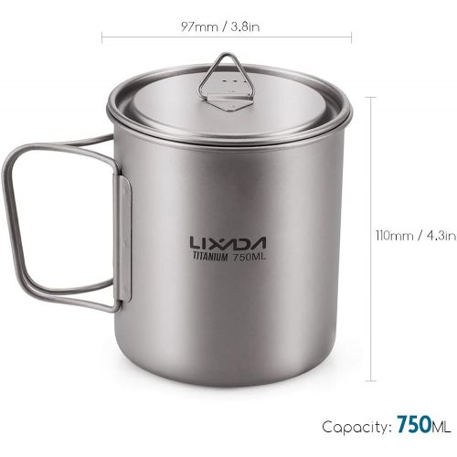  Lixada Camping Cookware Set - Ultralight Titanium Cup Mug - Camping Fry Pan Foldable Handle with Lid and Stuff Sack Titanium Pot