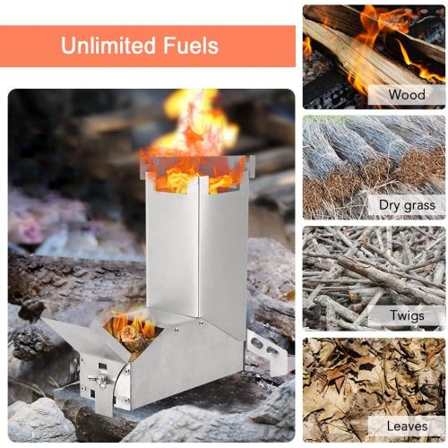  Lixada Camping Stove Collapsible Wood Burning Stainless Steel Rocket Stove Backpacking Camp Tent Stove for Picnic BBQ Camp Hiking