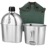 Lixada Military Canteen Kit 2pcs 1000ml 600ml Stainless Steel Military Canteen Cup Set with Cover Bag for Outdoor Camping Hiking Backpacking