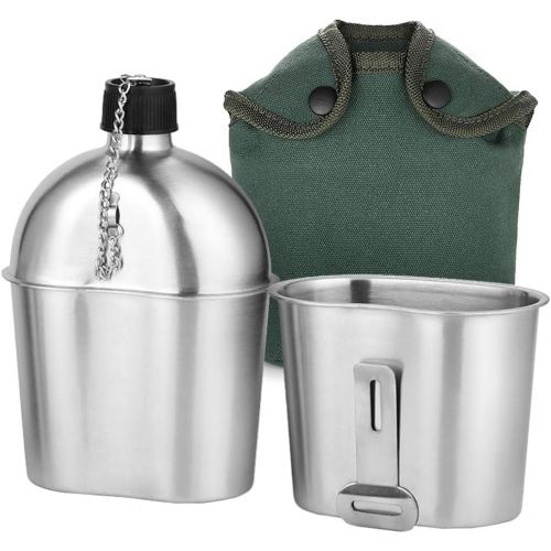  Lixada Military Canteen Kit 2pcs 1000ml 600ml Stainless Steel Military Canteen Cup Set with Cover Bag for Outdoor Camping Hiking Backpacking