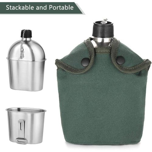  Lixada Military Canteen Kit 2pcs 1000ml 600ml Stainless Steel Military Canteen Cup Set with Cover Bag for Outdoor Camping Hiking Backpacking