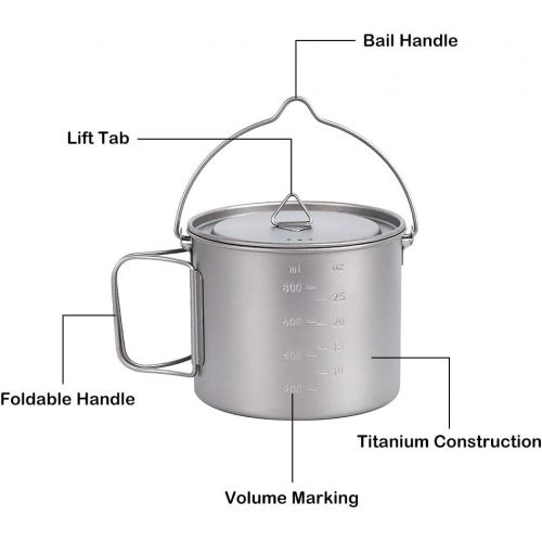  Lixada 1100ml/2800ml Titanium Pot Ultralight Portable Hanging Pot with Lid and Foldable Handle Outdoor Camping Hiking Backpacking