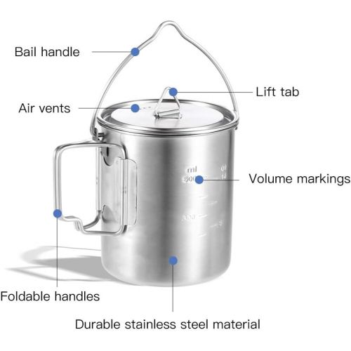  Lixada Camping Cup Pot with Foldable Handles and Lid Stainless Steel Designed for Outdoor Camping Hiking Backpacking