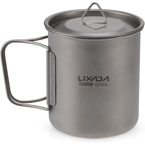  Lixada Camping Cookware Set - Ultralight Titanium Cup Mug - Camping Fry Pan Foldable Handle with Lid and Stuff Sack Titanium Pot