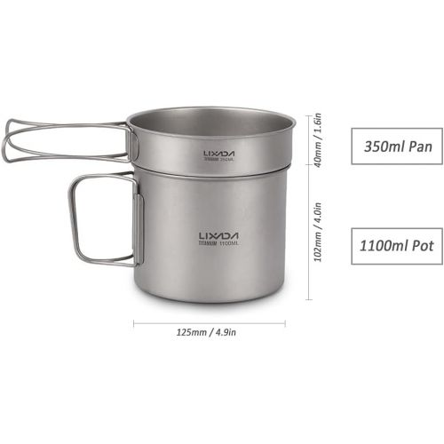  Lixada Ultralight Titanium Cookset Outdoor Camping Cookware Set 900ml/1100ml Pot 350ml Fry Pan with Folding Spork for for Travel Camping Backpacking Picnic