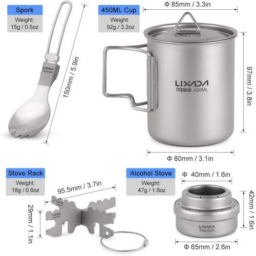  Lixada Camping Cookware Set,5PCS Lightweight Titanium Set 450ml Pot Alcohol Stove Cross Stand Rack with Foldable Spork and Windscreen