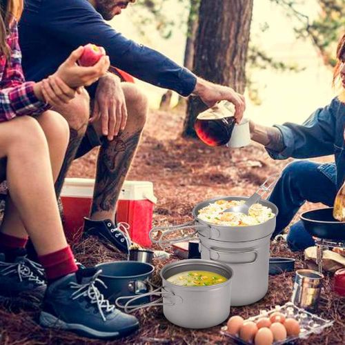  Lixada Camping Titanium Cookware Set 1000ml 750ml Pot Pan Spoon Set for Outdoor Camping Hiking Backpacking Picnic Cooking Equipment