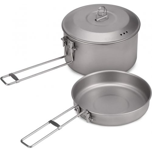  Lixada Camping Cookware Set Titanium Pot and Fry Pan Set with Lid and Foldable Handles for Outdoor Camping Hiking Backpacking Picnic