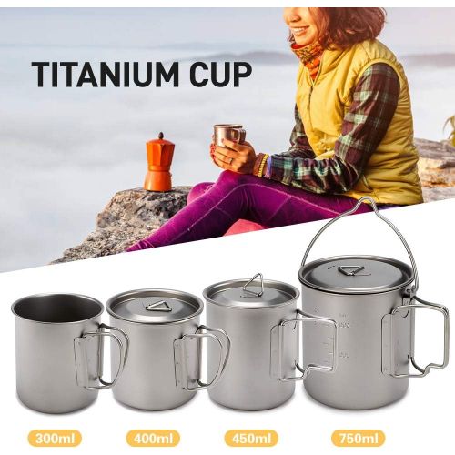  Lixada Ultralight Titanium Cup 300ml / 400ml / 450ml / 750m, Outdoor Portable Mug with Foldable Handle for Camping Picnic