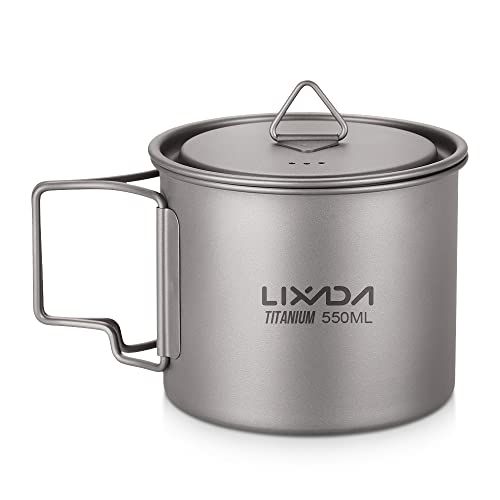  Lixada Camping Cookware Set - Ultralight Titanium Cup Mug - Camping Fry Pan Foldable Handle with Lid and Stuff Sack Titanium Pot