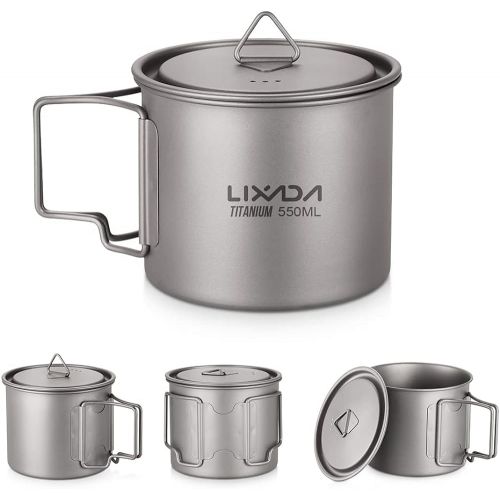  Lixada Camping Cookware Set - Ultralight Titanium Cup Mug - Camping Fry Pan Foldable Handle with Lid and Stuff Sack Titanium Pot