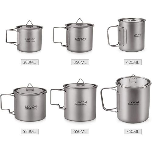  Lixada Camping Cookware Set - Ultralight Titanium Cup Mug - Camping Fry Pan Foldable Handle with Lid and Stuff Sack Titanium Pot