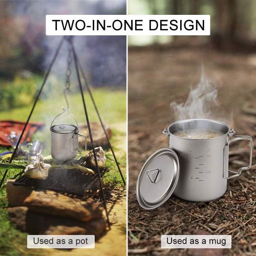  Lixada Titanium Cup with Lid & Foldable Handle 450ml + 750ml Set - Ultralight 100% Pure Titanium Cups Outdoor Camping Picnic Portable Water Cup Hanging Pot Set