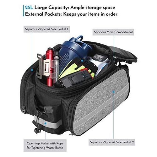  Lixada Bike Rear Bag Bicycle Pannier Bag Saddle Bag 25L Bicycle Rear Seat Bag Bike Carrier Trunk Bag Expandable Waterproof MTB Bike Rack Bag with Rain Cover