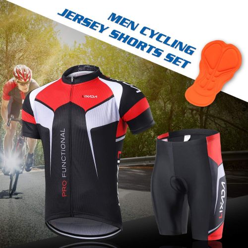  Lixada Mens Cycling Jersey Set Bicycle Short Sleeve Set Quick-Dry Breathable Shirt+3D Cushion Shorts Padded Pants/Bib Short