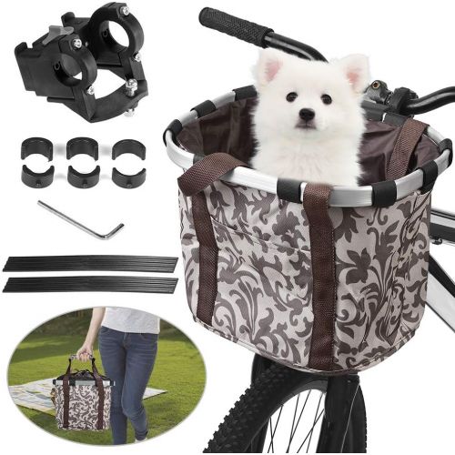  Lixada Bike Basket, Small Pet Cat Dog Carrier Bicycle Handlebar Front Basket - Folding Detachable Removable Easy Install Quick Released Picnic Shopping Bag, Max. Bearing: 11lbs