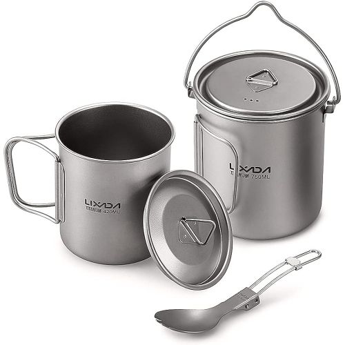  Lixada Camping Titanium Cookware Set,Partable Foldable Handles and with Lid Design with Pot,Water Cup,Spork and Windscreen for Outdoor Camping Hiking Backpacking(Optional)