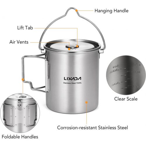  Lixada Camping Cup Pot with Foldable Handles and Lid Stainless Steel Designed for Outdoor Camping Hiking Backpacking