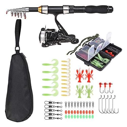  [아마존베스트]Lixada Blusea Fishing Reel and Rod Set, 1.3 m Telescopic Fishing Reel Set, Fishing Rod Combo Set with Hooks, Soft Lures, Barrel Swivels, Storage Bag