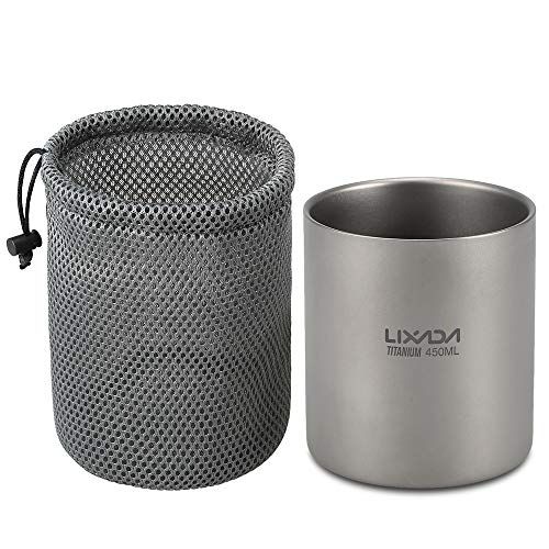  Lixada Camping Mug, Titanium Water Cup 450ml/15.2oz Double Wall Insulated Outdoor Camping Hiking Picnic Home Office Tea Cup Coffee Mug with Carry Bag