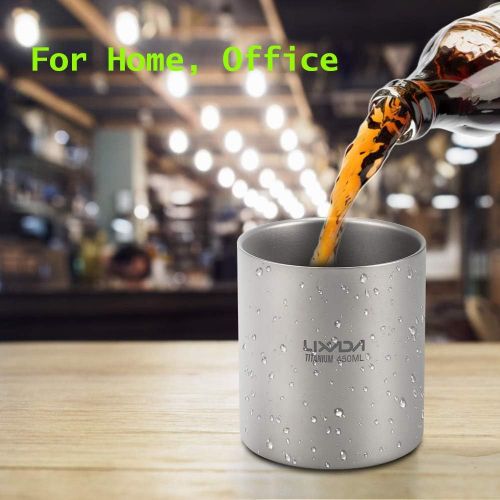  Lixada Camping Mug, Titanium Water Cup 450ml/15.2oz Double Wall Insulated Outdoor Camping Hiking Picnic Home Office Tea Cup Coffee Mug with Carry Bag