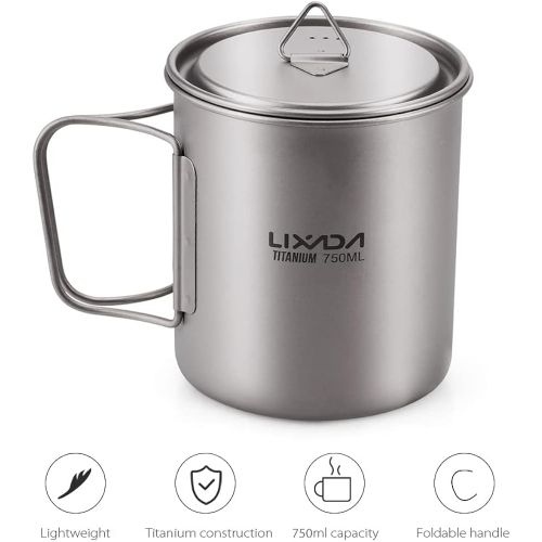  Lixada Camping Cookware Set - Ultralight Titanium Cup Mug - Camping Fry Pan Foldable Handle with Lid and Stuff Sack Titanium Pot