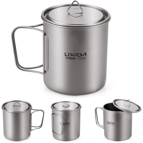  Lixada Camping Cookware Set - Ultralight Titanium Cup Mug - Camping Fry Pan Foldable Handle with Lid and Stuff Sack Titanium Pot