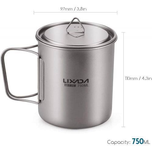  Lixada Camping Cookware Set - Ultralight Titanium Cup Mug - Camping Fry Pan Foldable Handle with Lid and Stuff Sack Titanium Pot