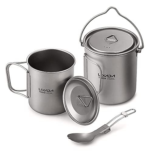  Lixada Camping Titanium Cookware Set,Partable Foldable Handles and with Lid Design with Pot,Water Cup,Spork and Windscreen for Outdoor Camping Hiking Backpacking(Optional)