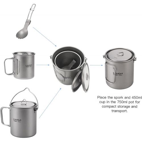  Lixada Camping Titanium Cookware Set,Partable Foldable Handles and with Lid Design with Pot,Water Cup,Spork and Windscreen for Outdoor Camping Hiking Backpacking(Optional)