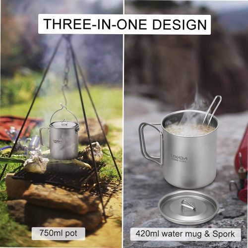  Lixada Camping Titanium Cookware Set,Partable Foldable Handles and with Lid Design with Pot,Water Cup,Spork and Windscreen for Outdoor Camping Hiking Backpacking(Optional)