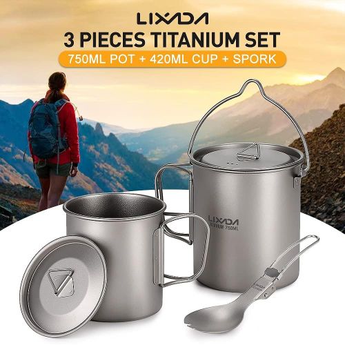  Lixada Camping Titanium Cookware Set,Partable Foldable Handles and with Lid Design with Pot,Water Cup,Spork and Windscreen for Outdoor Camping Hiking Backpacking(Optional)