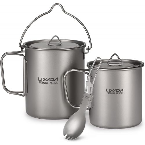  Lixada Camping Titanium Cookware Set,Partable Foldable Handles and with Lid Design with Pot,Water Cup,Spork and Windscreen for Outdoor Camping Hiking Backpacking(Optional)