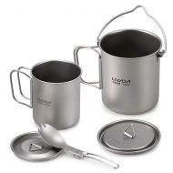 Lixada Camping Cookware Set,3PCS Lightweight Titanium Set 750ml Pot 420ml Water Cup Mug with Lid Collapsible Handle Folding Spork for Outdoor Camping Hiking Backpacking