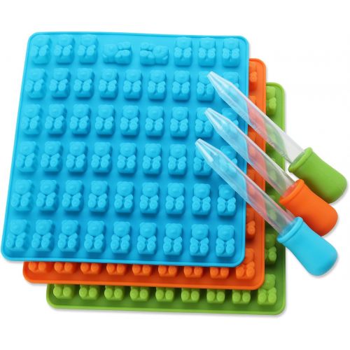  [아마존베스트]Lizber Newest Generation - 3 Packs Silicone Gummy Bear Candy Molds with 53 Cavities, 3 Bonus Droppers Perfect for Mints Chocolates Fudge Ice Cubes, BPA Free ( Blue, Green, Orange)