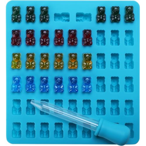  [아마존베스트]Lizber Newest Generation - 3 Packs Silicone Gummy Bear Candy Molds with 53 Cavities, 3 Bonus Droppers Perfect for Mints Chocolates Fudge Ice Cubes, BPA Free ( Blue, Green, Orange)