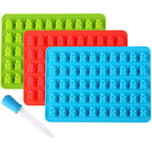  [아마존베스트]Lizber Gummy Bear Molds 3 Pack, Silicone Candy Molds 50 Cavities with Bonus Dropper (Blue, Green, Red)