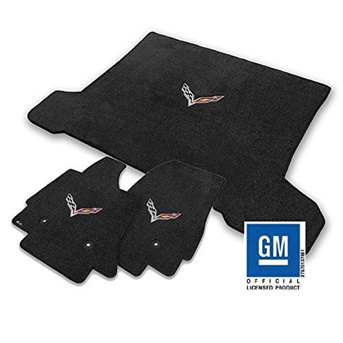  Lloyd Mats 2014+ Corvette C7 Coupe Front Floor & Rear Trunk 3pc Jet Black Mat Set w/Crossed Racing Flags Logo