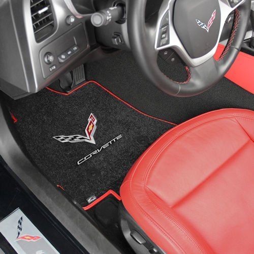  Lloyd Mats ULTIMAT 2 Piece Floor MAT Set with Crossed Flags Corvette Script and Red Binding; Fits 2014-19 C7 Corvette