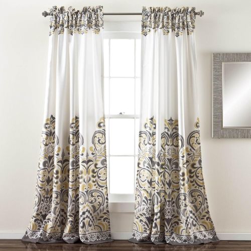  Ln 2 Piece Grey Paisley Window Curtain Set 84 Inch, Yellow Damask Drapes Floral Bohemian Blackout Room Darkening Energy Efficient Window Drapery Gray Elegant Classic Rod Pocket, Po