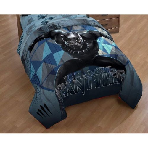  Ln 1 Piece Boys Blue Grey Black Panther Themed Comforter Twin Size, Black Marvel Super Hero Print Reversible Bedding Comic Superheroes Pattern, Bold Iconic Design, Vibrant Colors, Sof