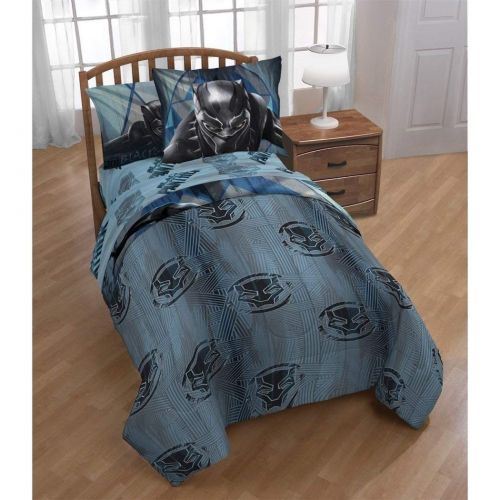  Ln 1 Piece Boys Blue Grey Black Panther Themed Comforter Twin Size, Black Marvel Super Hero Print Reversible Bedding Comic Superheroes Pattern, Bold Iconic Design, Vibrant Colors, Sof